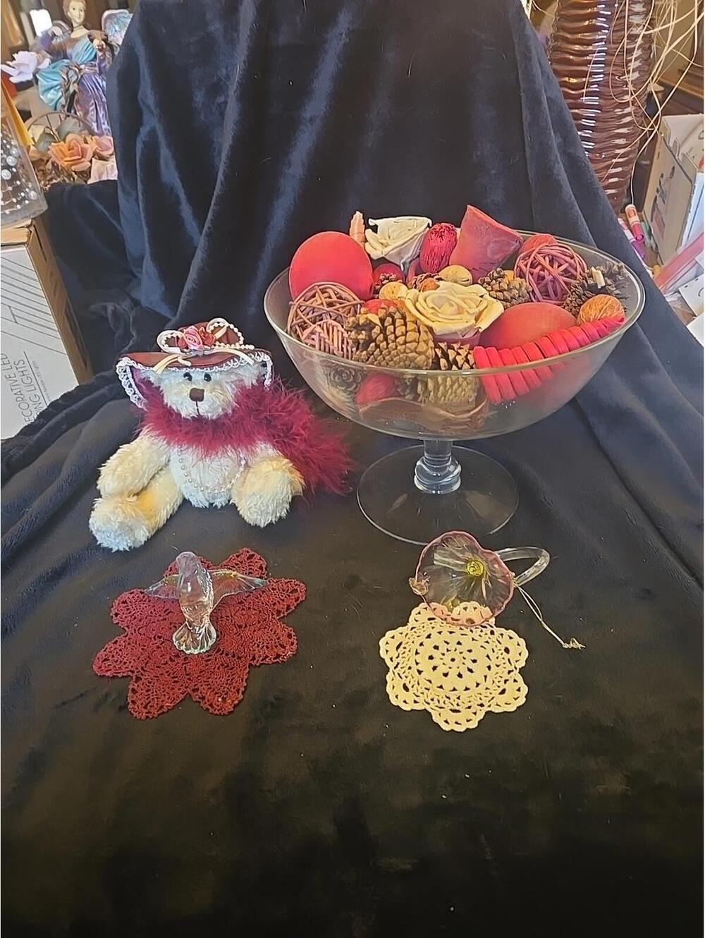 Decorative Lot Glass Dish And Bear
